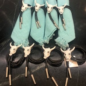 8 Cow Skull Napkin Ring Holders, braided Bolo Style Cord w/ Silver accents.